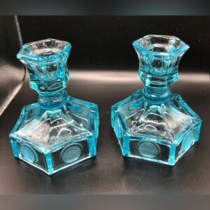 Pair of Fostoria Beautiful Blue Coin Taper Candle Holders No Chips/Cracks